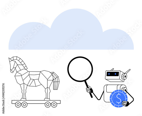 Trojan horse on wheels beside a robot holding a magnifying glass and coin, under a cloud. Ideal for cybersecurity, hacking, digital forensics, data protection, financial security, AI, and cloud