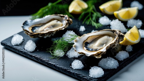 Top view of fresh oysters arranged on a black stone plate