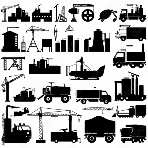 Silhouette cityscape cranes trucks industrial icons
