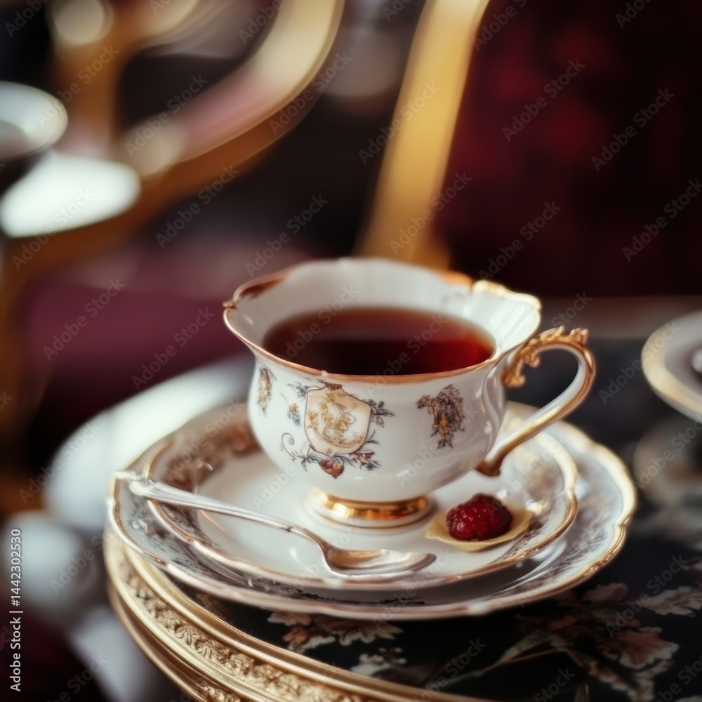 Fototapeta premium Elegant tea service with ornate porcelain teacup and a small red berry on a delicate saucer, set for a refined tea time experience.