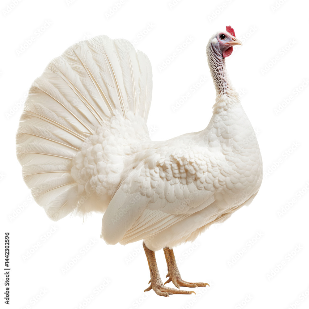 Side view of a white turkey with a fanned tail, standing upright, cut out, isolated on a transparent background, no shadow