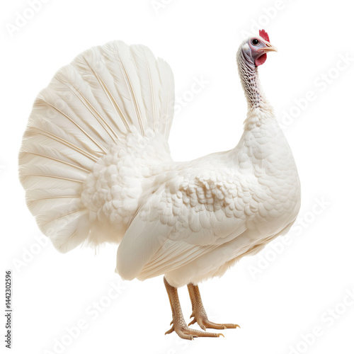 Obraz na płótnie Side view of a white turkey with a fanned tail, standing upright, cut out, isolated on a transparent background, no shadow w salonie