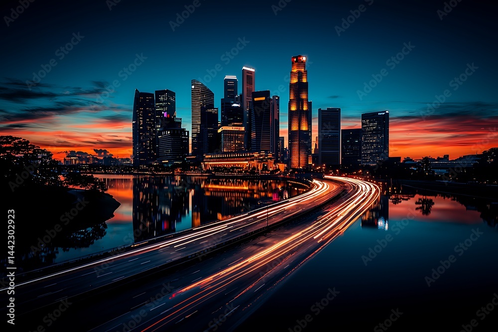 Obraz premium City skyline at dawn with illuminated roads reflecting on the water