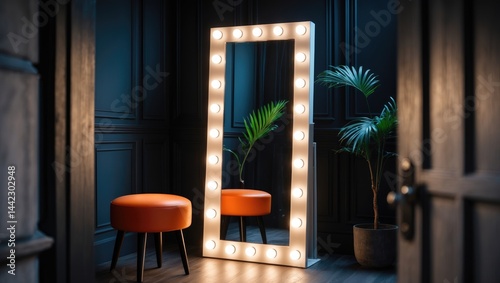 Stylish room interior featuring a full-length dressing mirror, lamps, and stool