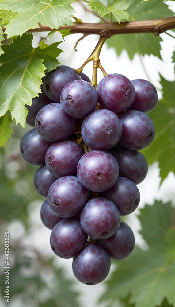 Realistic close-up image of ripe purple grapes on the vine, featuring vibrant green leaves with visible veins, captured against a softly blurred background for a natural and appetizing look. Realistic close-up image of ripe purple grapes on the vine, featuring vibrant green leaves with visible veins, captured against a softly blurred background for a natural and appetizing look.