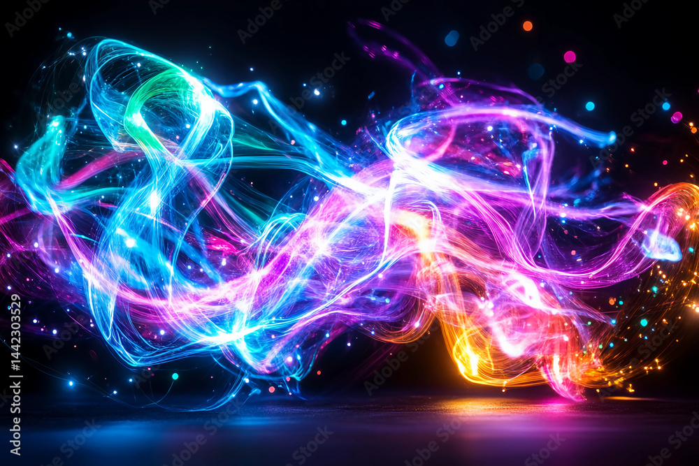 Abstract View of a Magnetic Field with Glowing Strands of Light in Vibrant Colors, Spiraling in Intricate Patterns, Representing Rapid Energy Flow and Movement Abstract View of a Magnetic Field with Glowing Strands of Light in Vibrant Colors, Spiraling in Intricate Patterns, Representing Rapid Energy Flow and Movement