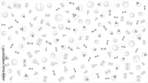 Seamless Basketball Pattern with Outline Sport Icons on White Background for Design and Decoration