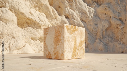 A cube-shaped stone with a marbled pattern sits on a light beige stone floor, backed by a light beige cliff face.