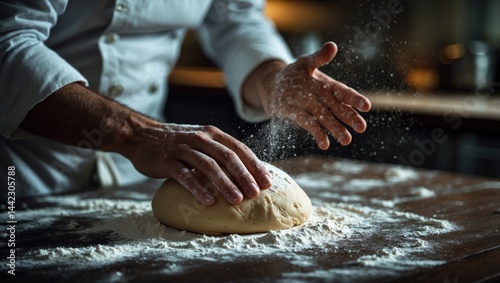 Chef's male hands kneading dough and clapping amidst a flour cloud in the kitchen