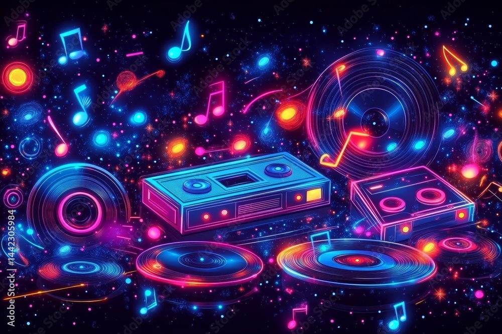 Fototapeta premium Retro music tech, cosmic background, vibrant neon