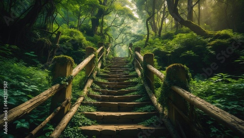 Stairs in the garden that ascend upwards.