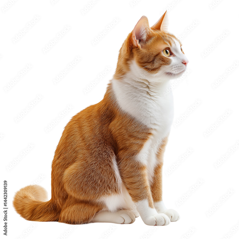 Side view of a ginger and white domestic cat sitting calmly, cut out, isolated on a transparent background, no shadow