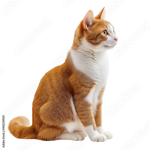 Side view of a ginger and white domestic cat sitting calmly, cut out, isolated on a transparent background, no shadow