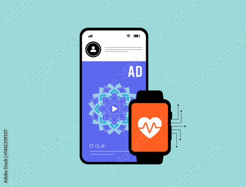 AI-powered smartwatch detects stress and delivers real-time personalized wellness ads via apps, combining smartwatch health data, wearables and marketing tech. Vector illustration and icons