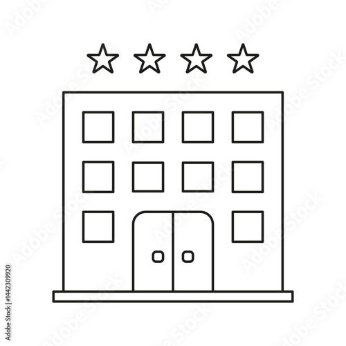 Hotel Building With Stars Line Icon. Luxury Accommodation, Hospitality, And Travel Service Outline Symbol. High-Quality Lodging Representation. Editable Stroke. Isolated Vector Illustration