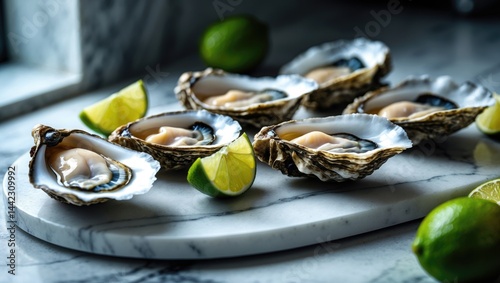 Marble board featuring fresh oysters and lime slices