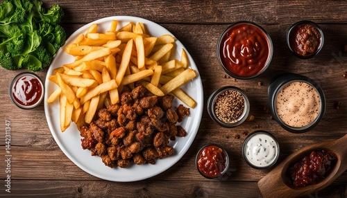 Crispy Fried Chicken Bites and Fries with Dipping Sauces