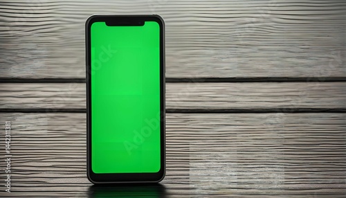 Smartphone with Green Screen on Wooden Background