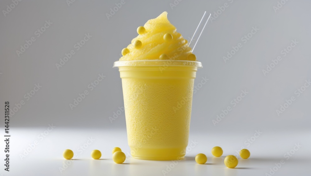Food shot of a bubble tea slushie frappe with boba pearls in a clear plastic cup on a white background