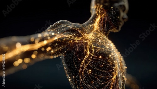 A glowing, abstract human figure with illuminated neural or energy pathways extending through the body against a dark background.