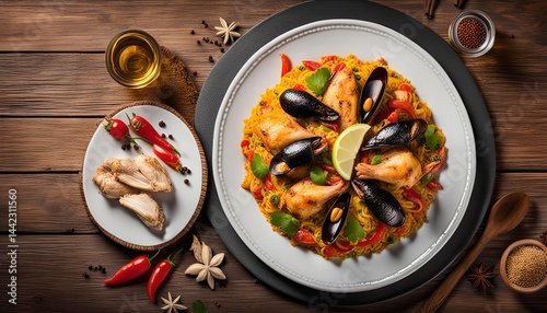 Delicious Seafood Paella with Mussels and Chicken