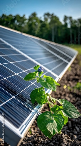 Solar panels with a small plant growing between them