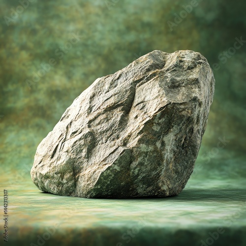 A rough, natural rock displayed on a textured green background.