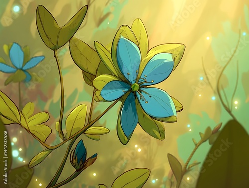 Enchanting blue flower and golden leaves blossom in a fantasy forest setting
