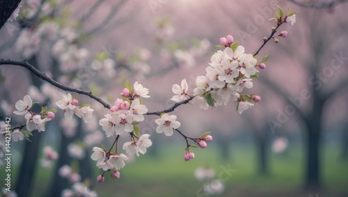 Cherry Blossom Flowers in Spring with a Faded Park Scene