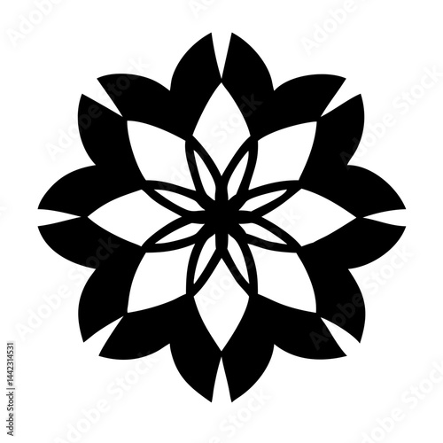 Geometric flower icon in black and white style on transparent background  