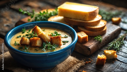 Toasted bread with pottery cheese soup