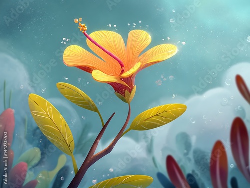 Illustration of a Radiant Yellow Hibiscus Flower in a Dreamy Landscape