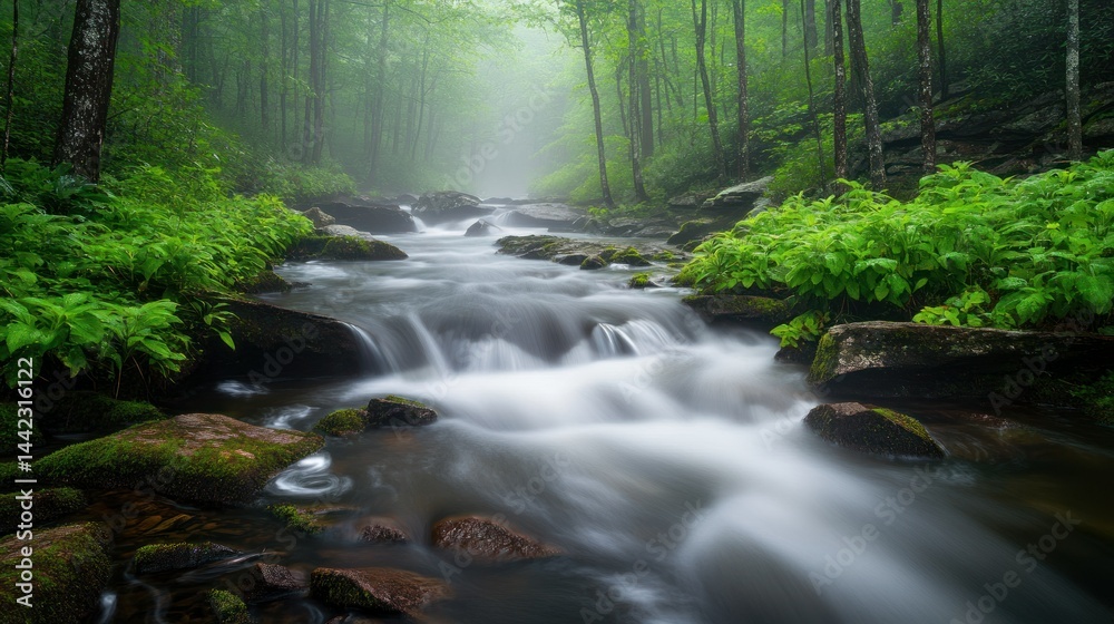 A flowing river through a lush green forest on a foggy day A flowing river through a lush green forest on a foggy day