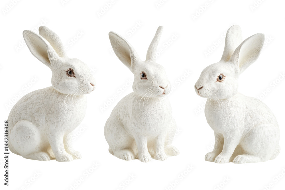 Fototapeta premium Three adorable white bunny figurines perfect Easter decor sitting pose textured fur detail charming