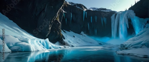 Alaskan wilderness with frozen waterfalls shimmering under clear cerulean skies