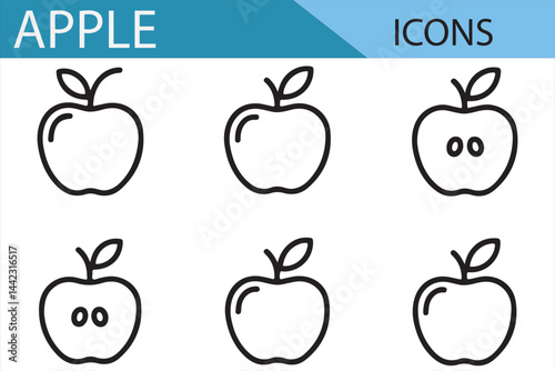 Stylized Apple Icon Collection in Black and White for Graphic Designers