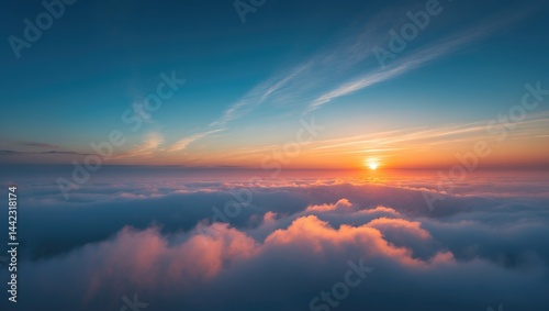 Sky vertical view showcasing blue and orange sunlight beams through clouds