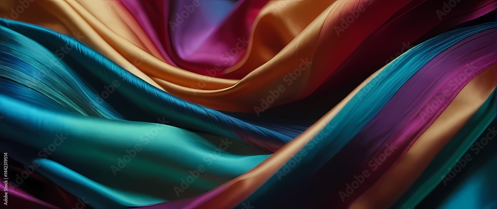 Obraz premium Abstract close up of shimmering silk fabrics folding into colorful waves