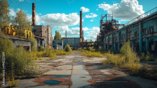 Abandoned industrial space features dilapidated machinery and encroaching vegetation, highlighting the consequences of mass bankruptcies and economic decline in the area
