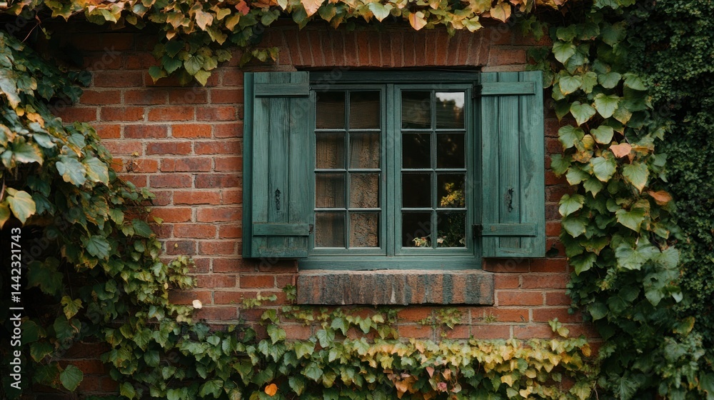 A quaint brick building window with green shutters and foliage A quaint brick building window with green shutters and foliage
