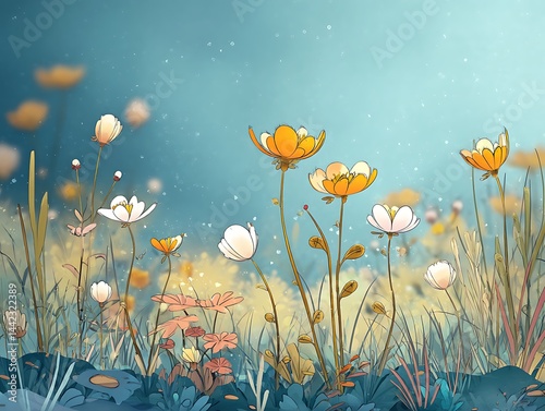 Stylized floral illustration with white and orange flowers against a blue background