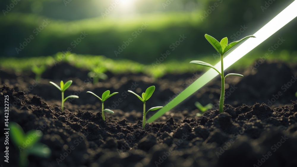 Fototapeta premium New green seedlings are flourishing in the rich earth illuminated by sunlight.