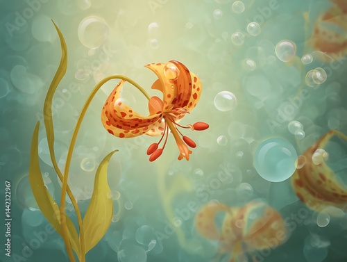 Tiger Lily Floating in a Dreamlike Underwater World with Light and Bubbles