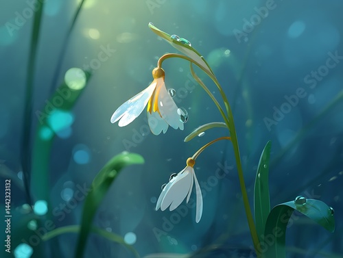 Two Delicate Snowdrop Flowers Adorned with Water Droplets in a Dreamy Landscape