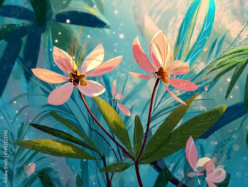 Tranquil tropical flowers and foliage, bathed in a soft, ethereal light