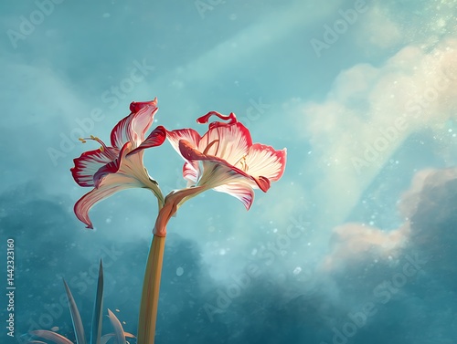 Two magnificent amaryllis flowers rise towards a dreamy sky, exuding graceful beauty