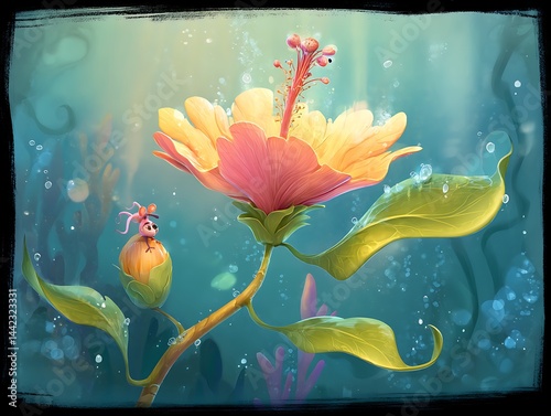 Underwater Flower Wonderland with a Curious Creature Adorned with a Pink Antenna