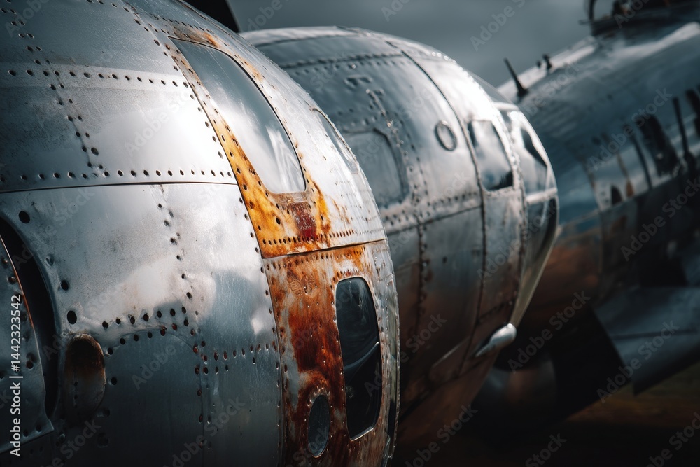 The background features an abstract metal design, accompanied by old weathered silver metallic elements, vintage metal textures, and distinctive rivets and bolts reminiscent of an old plane's