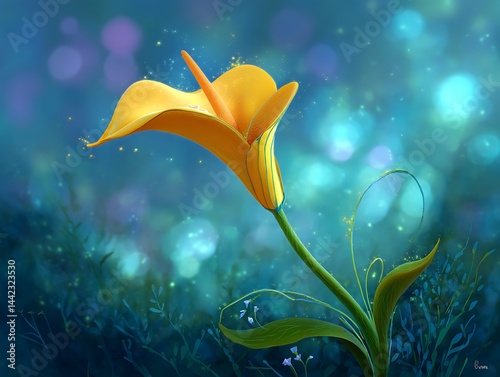 Vibrant yellow calla lily with magical sparkles in a dreamy background