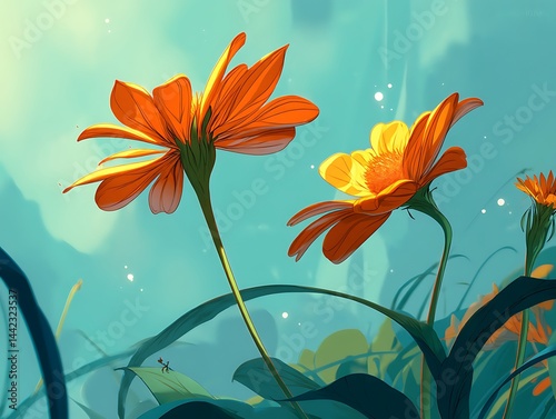 Vibrant orange gerbera daisies bloom against a serene aqua background art illustration